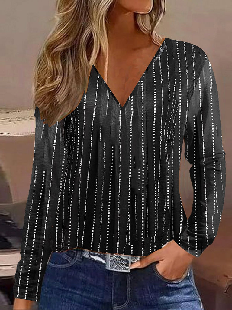 Fashion V Neck Long Sleeve Striped Regular T-Shirt