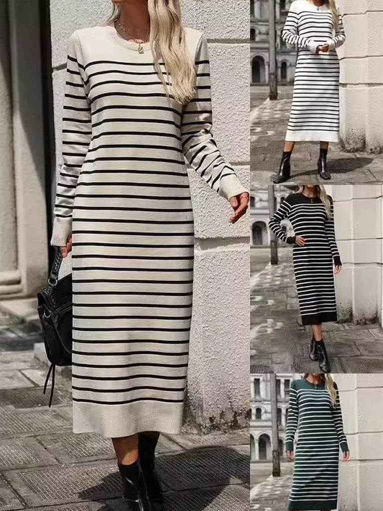 Fashion Crew Neck Long Sleeve Striped Loose Midi Dress