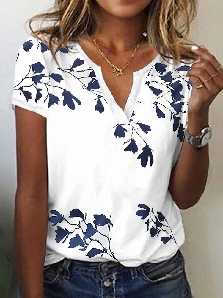 Casual Short Sleeve Notched Floral Fashion Regular T-Shirt