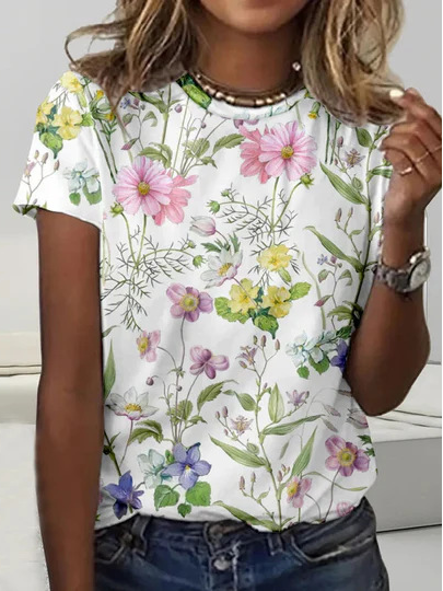 Casual Short Sleeve Crew Neck Floral Fashion Regular T-Shirt