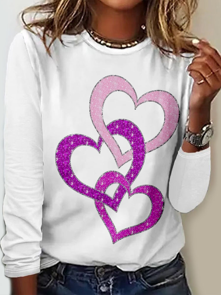 Casual Crew Neck Long Sleeve Heart/Cordate Fashion Regular T-Shirt