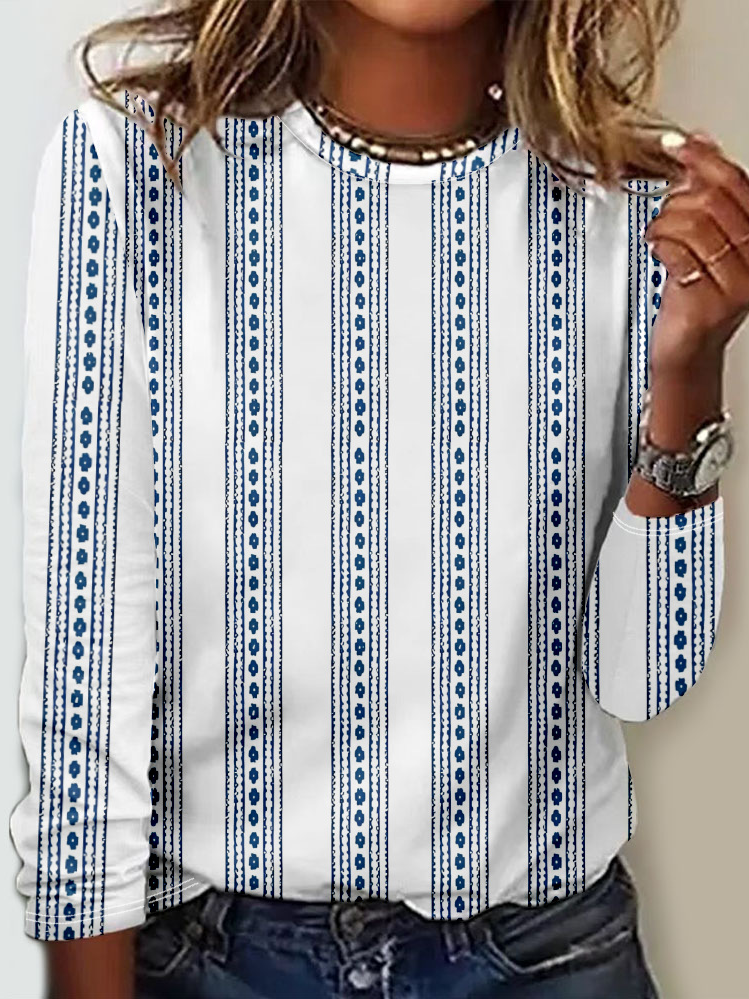 Fashion Crew Neck Long Sleeve Ethnic Loose Regular T-Shirt