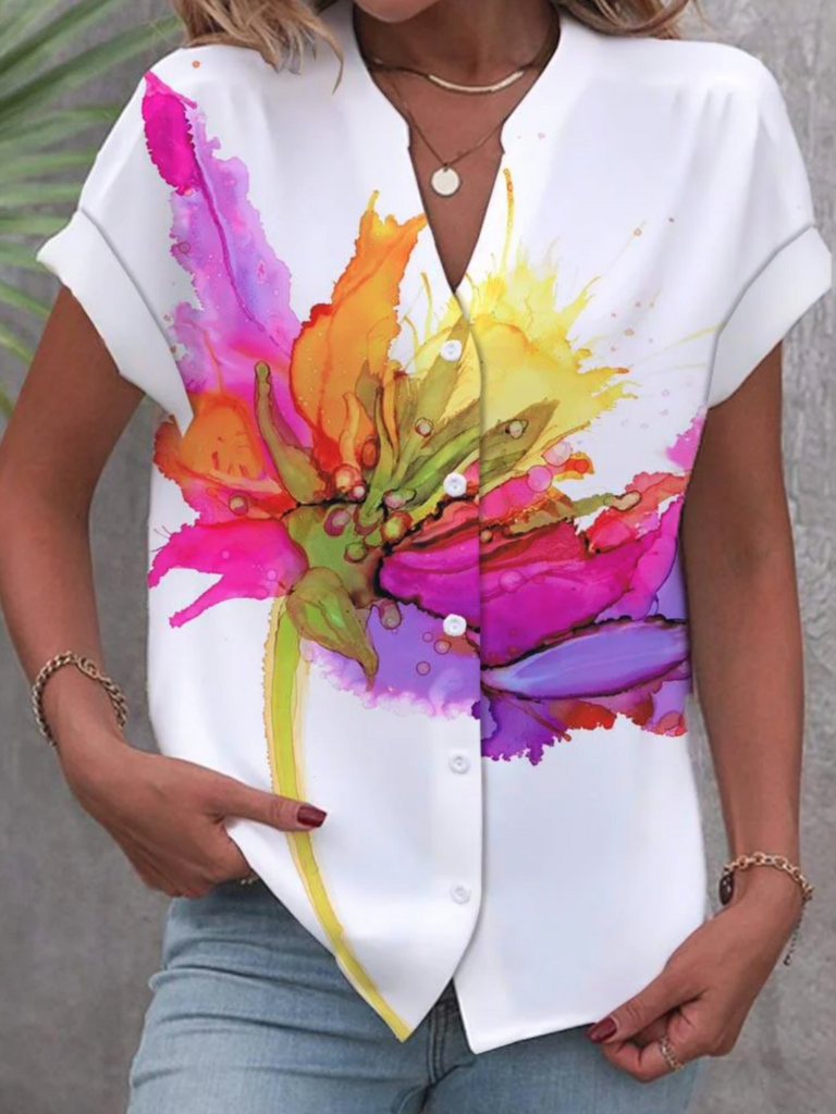 Loose Short Sleeve Floral Fashion Regular Blouse