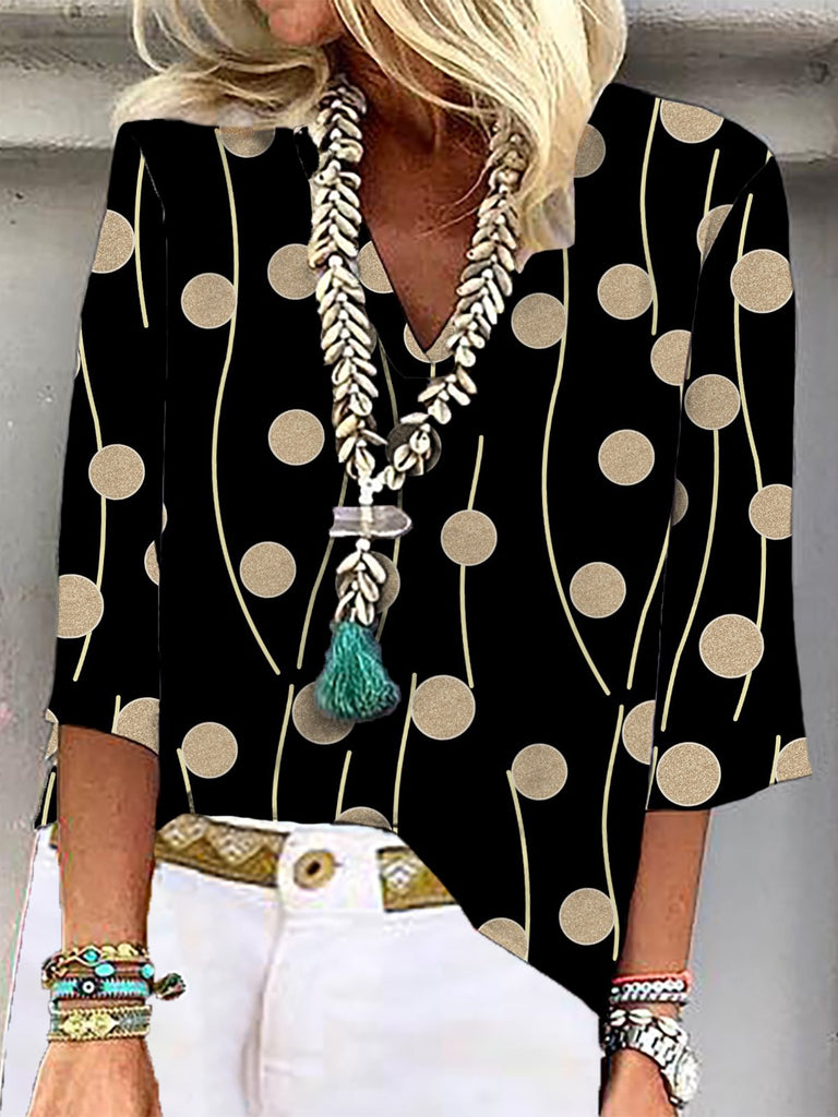 Fashion 3/4 Sleeve V Neck Striped Loose Regular Blouses