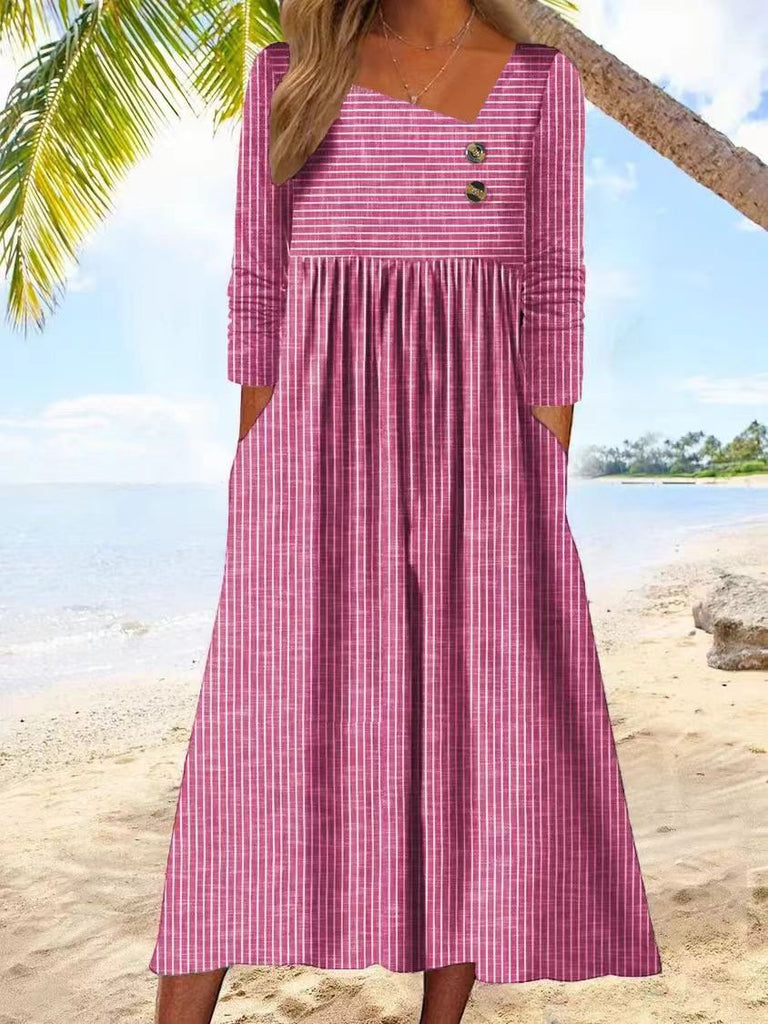 Fashion Long Sleeve Asymmetrical Striped Maxi Dress
