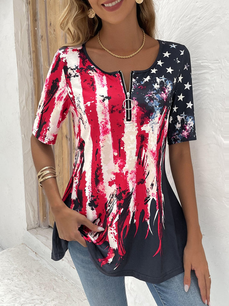 Loose Short Sleeve Crew Neck America Flag Zipper Fashion Mid-Long Blouse