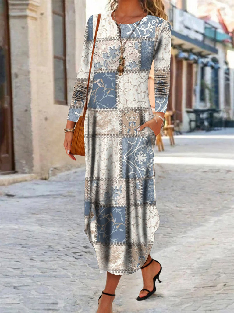 Fashion Crew Neck Long Sleeve Geometric Loose Maxi Dress