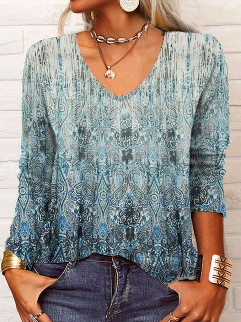 Fashion V Neck Long Sleeve Ethnic Casual Regular T-Shirt
