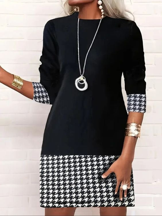 Fashion Long Sleeve Houndstooth Short Dress