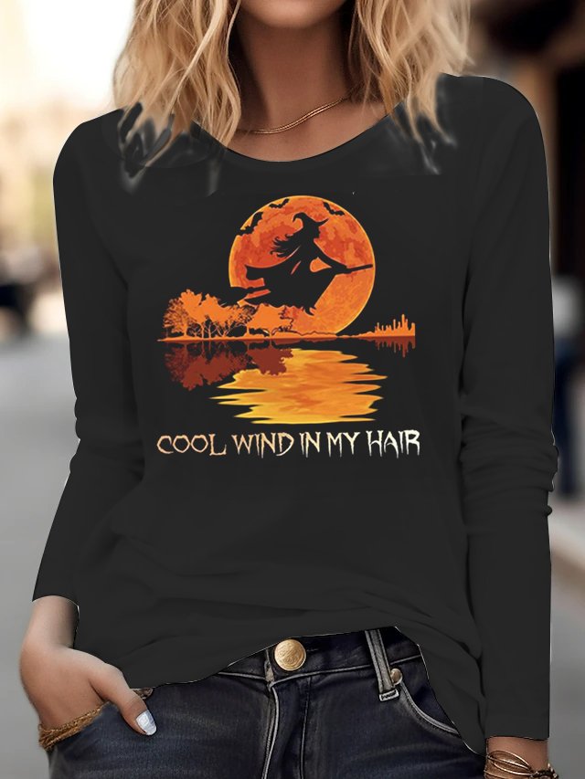 Vintage Crew Neck Long Sleeve Halloween Loose Regular Blouses