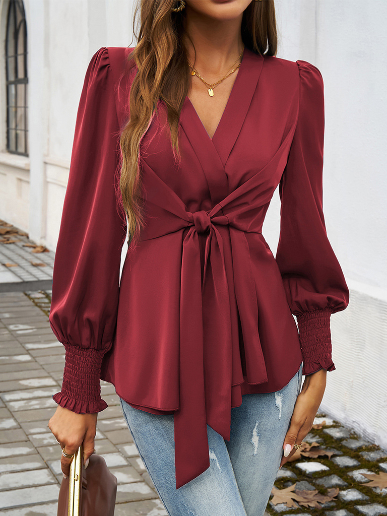 Fashion V Neck Long Sleeve Plain Loose Regular Blouse