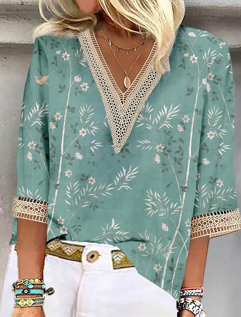 Fashion 3/4 Sleeve V Neck Floral Loose Regular Blouse
