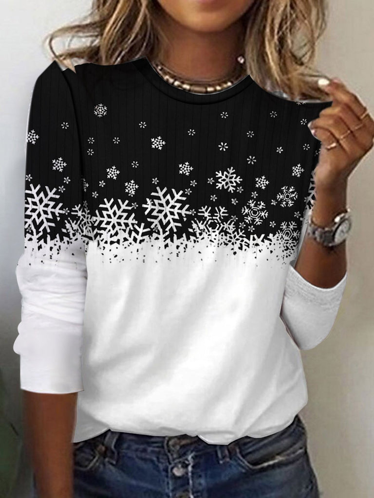 Fashion Crew Neck Long Sleeve Snowflake Loose Regular Blouses