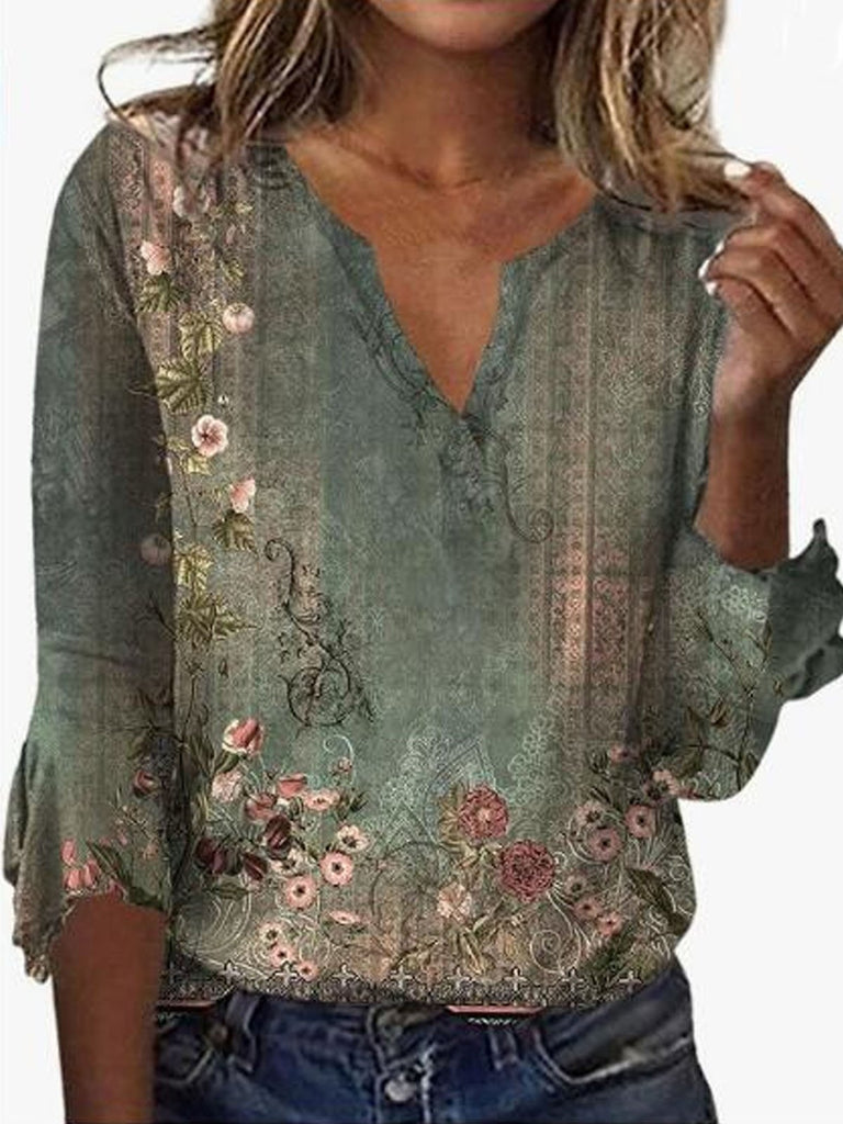 Casual 3/4 Sleeve V Neck Floral Fashion Regular T-Shirt