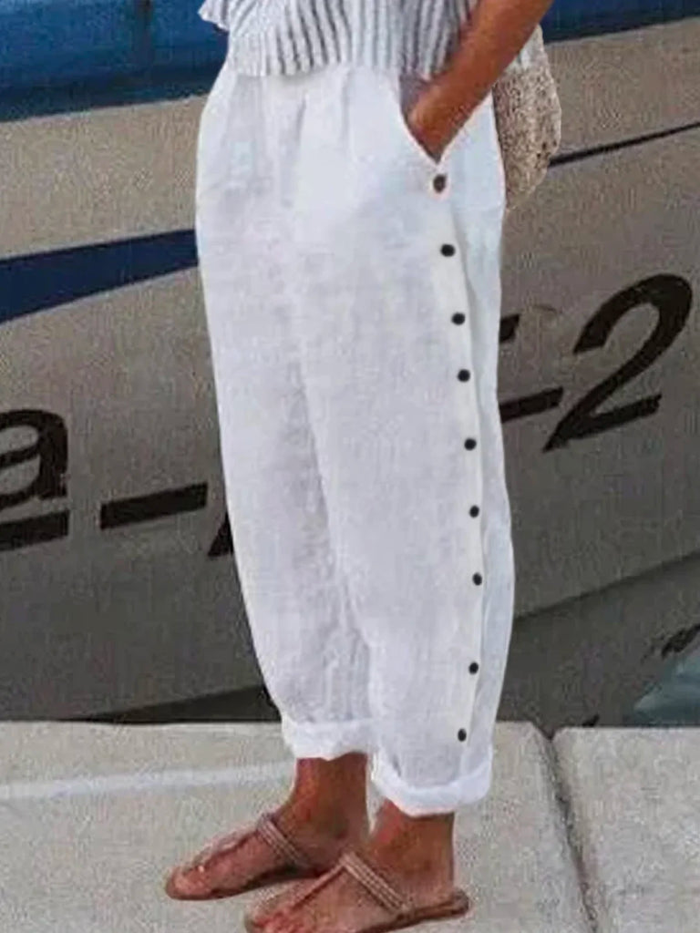 Plus Size Fashion Plain Buttoned Loose Long Pants