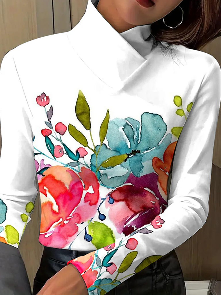 Fashion Turtleneck Floral Regular Blouse