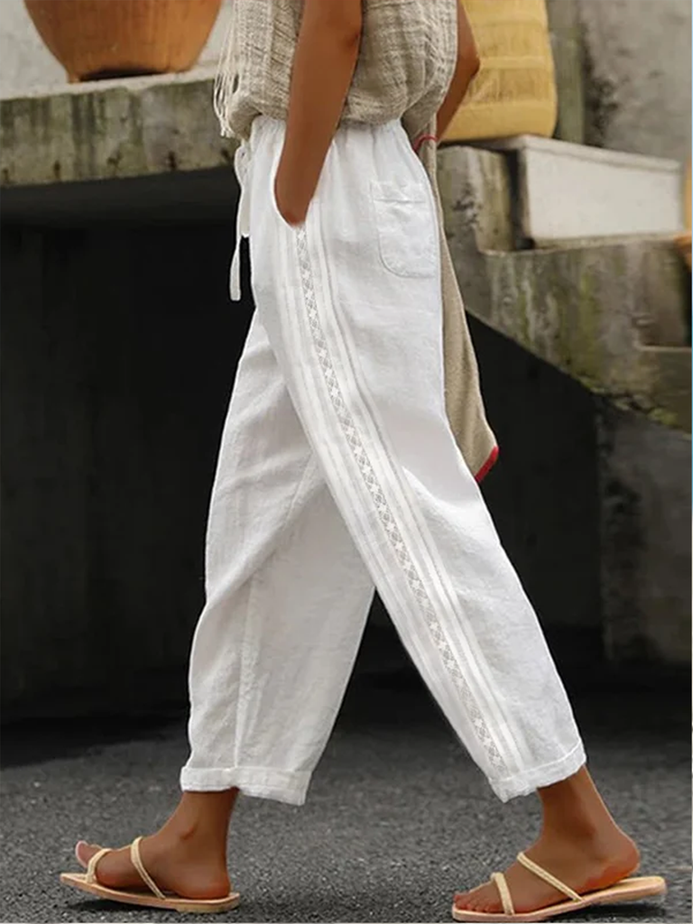 Linen Plain Lace Loose Long Pants
