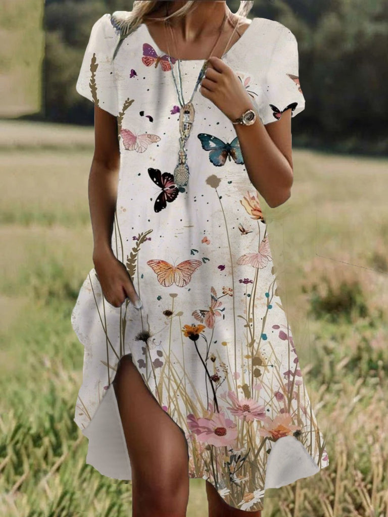 Fashion Short Sleeve Crew Neck Floral Loose Short Dress