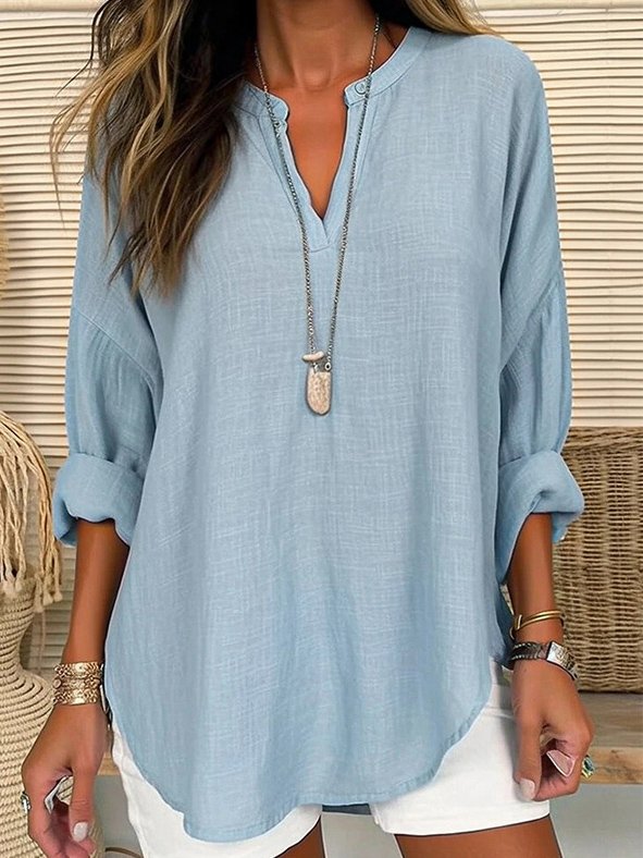 Fashion Long Sleeve Notched Plain Loose Mid-Long Blouse