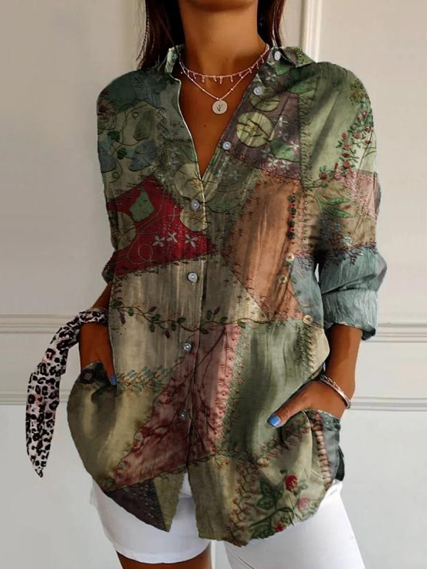 Fashion Long Sleeve Shirt Collar Ethnic Geometry Loose Regular Shirt