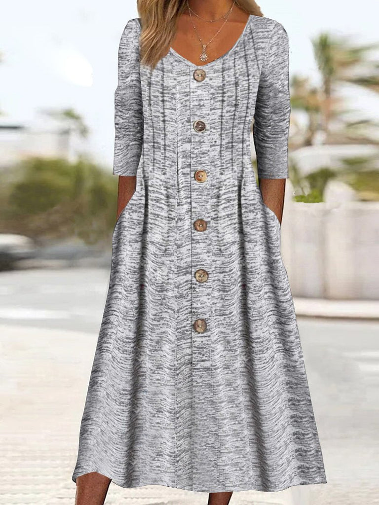 Fashion 3/4 Sleeve V Neck Plain Midi Dress
