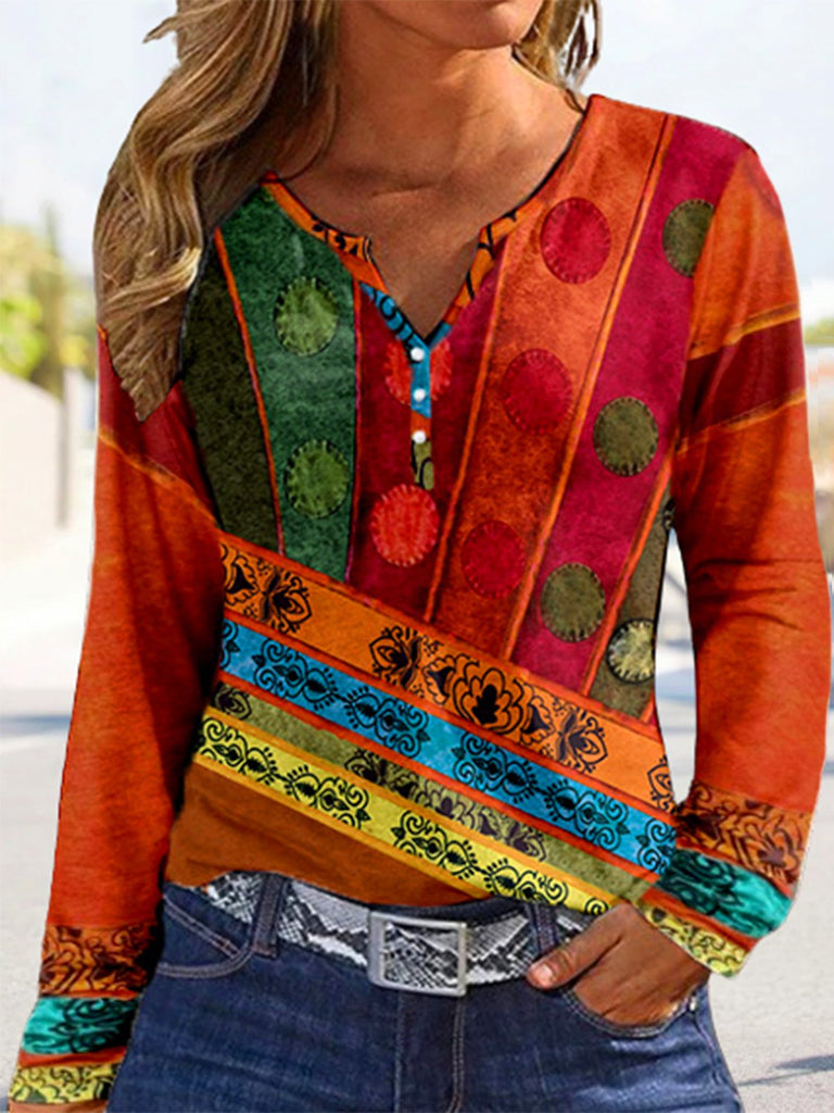 Fashion Long Sleeve Notched Abstract Loose Regular Blouse