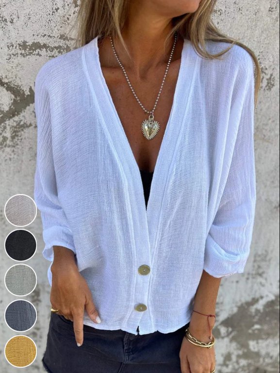 Loose V Neck Long Sleeve Plain Fashion Regular Blouse