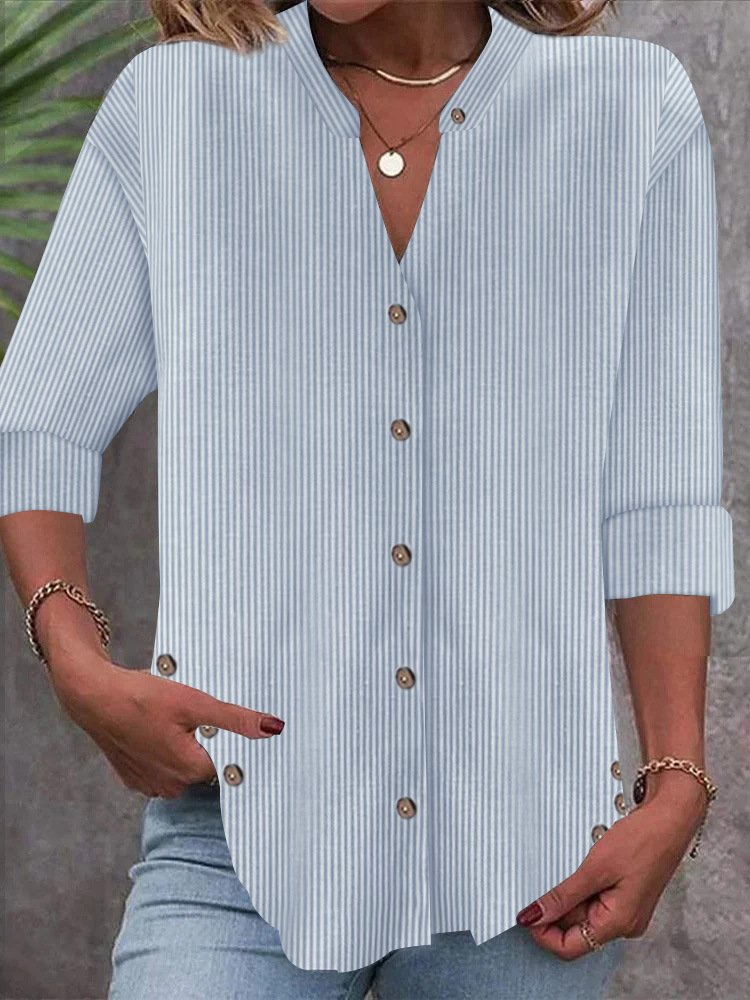 Fashion Long Sleeve Notched Striped Loose Regular Shirt