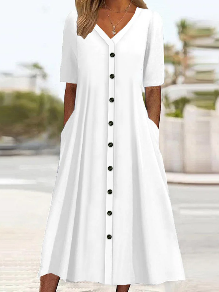Fashion V Neck Short Sleeve Plain Loose Midi Dress