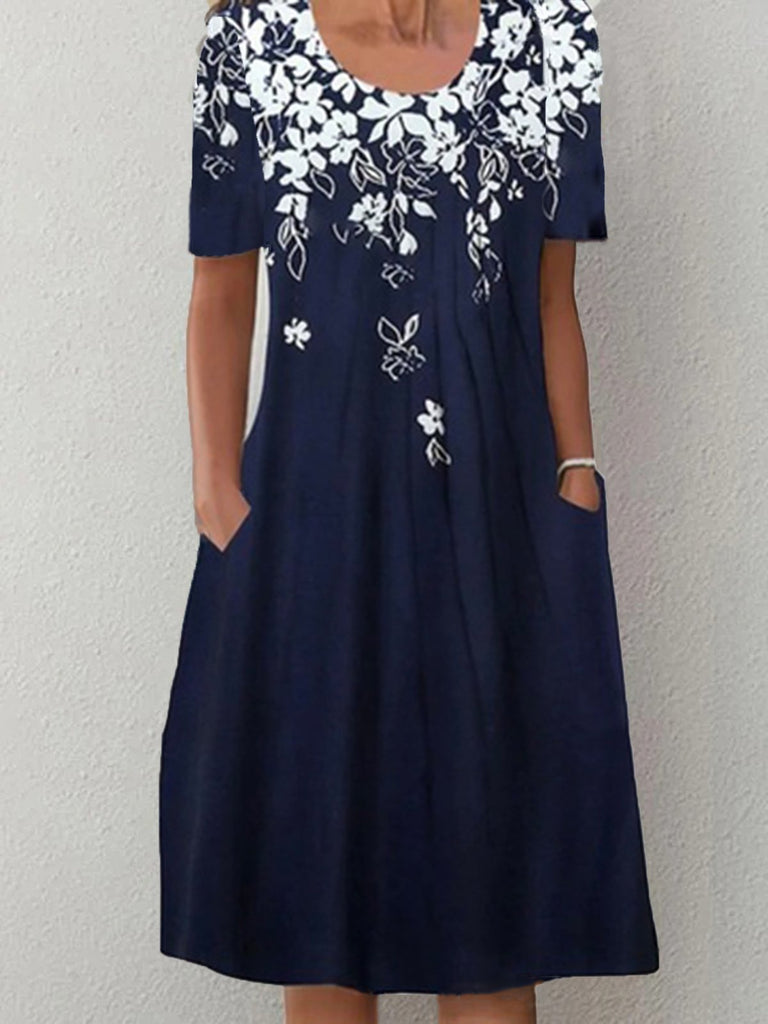 Fashion Short Sleeve Crew Neck Floral Loose Midi Dress