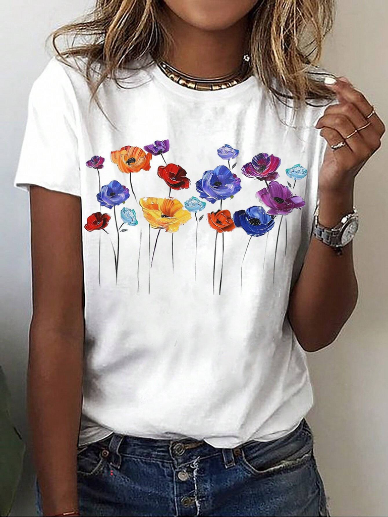 Fashion Short Sleeve Crew Neck Floral Casual Regular T-Shirt