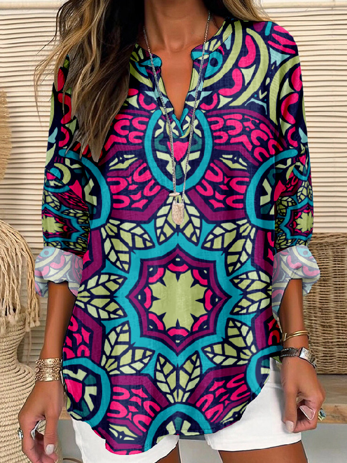 Fashion V Neck Long Sleeve Ethnic Loose Regular Blouse