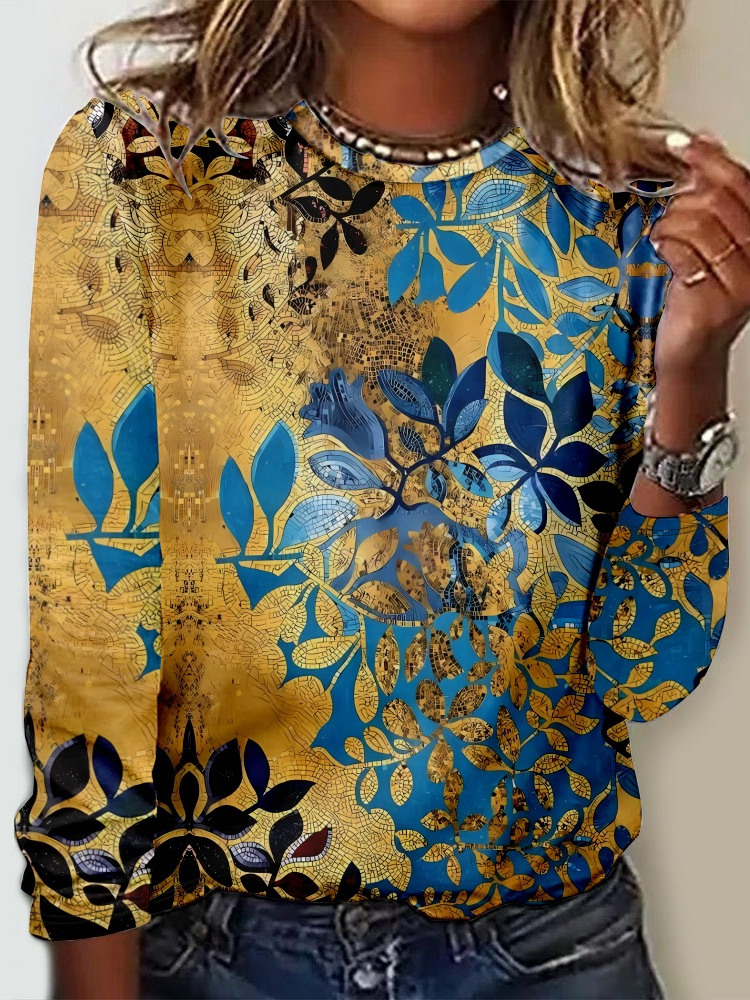 Fashion Crew Neck Long Sleeve Floral Casual Regular T-Shirt