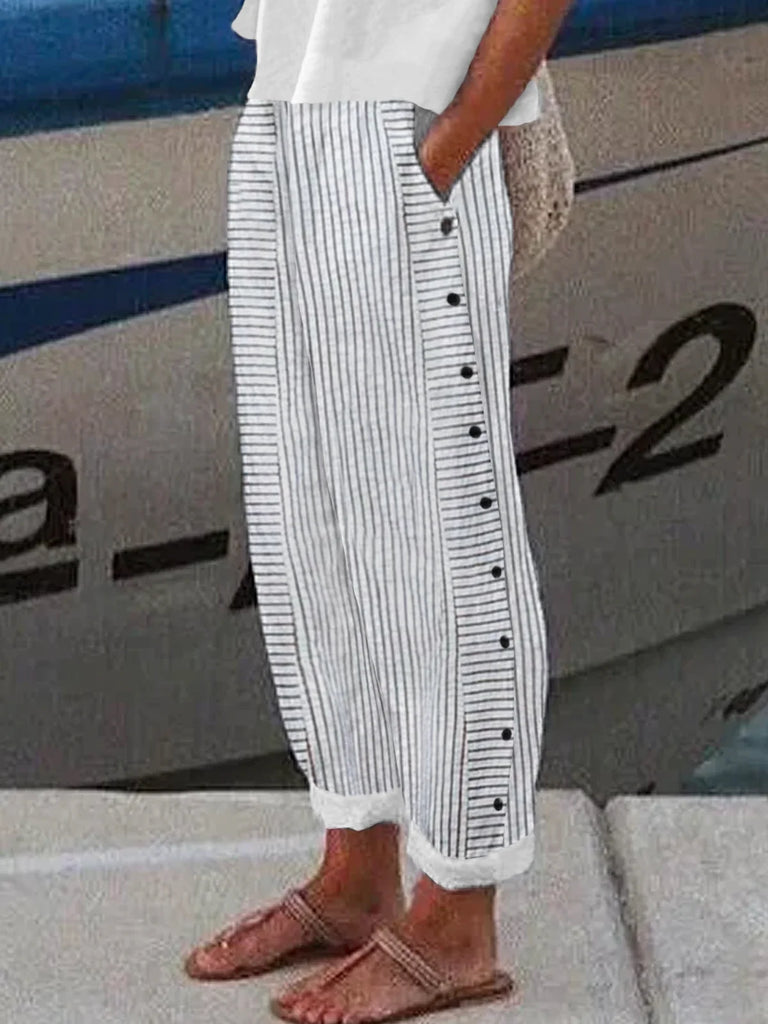 Fashion Striped Buttoned Loose Long Pants
