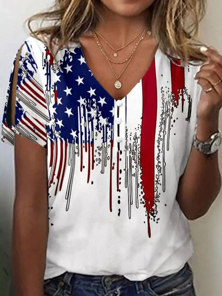 Casual V Neck Short Sleeve America Flag Fashion Regular T-Shirt