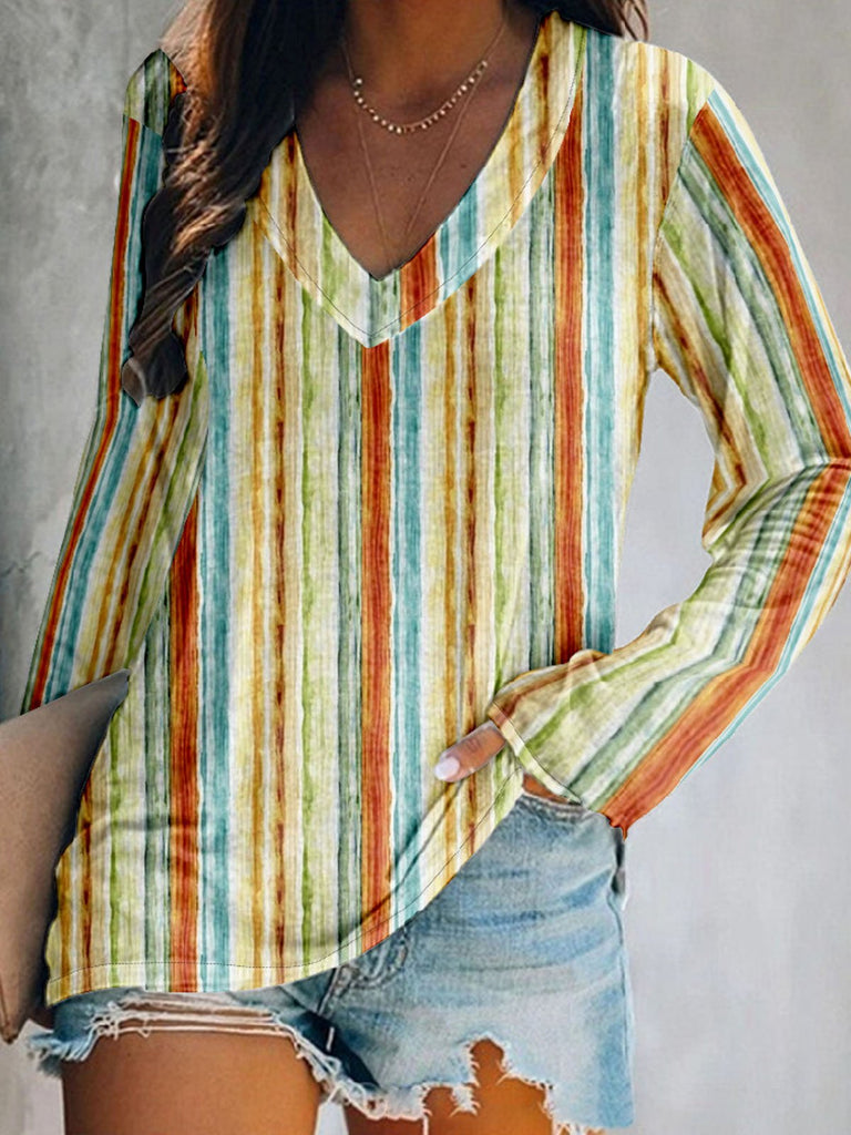 Fashion V Neck Long Sleeve Striped Loose Regular T-Shirt