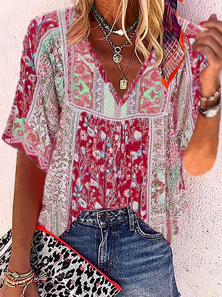 Loose V Neck Short Sleeve Ethnic Fashion Regular Blouse