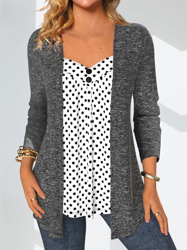 Loose Long Sleeve Stand Collar Polka Dots Fashion Mid-Long Blouse