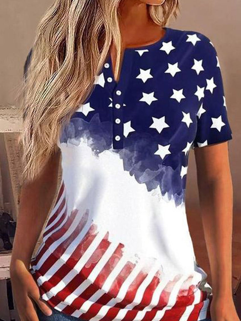 Loose Short Sleeve Crew Neck America Flag Fashion Mid-Long Blouse