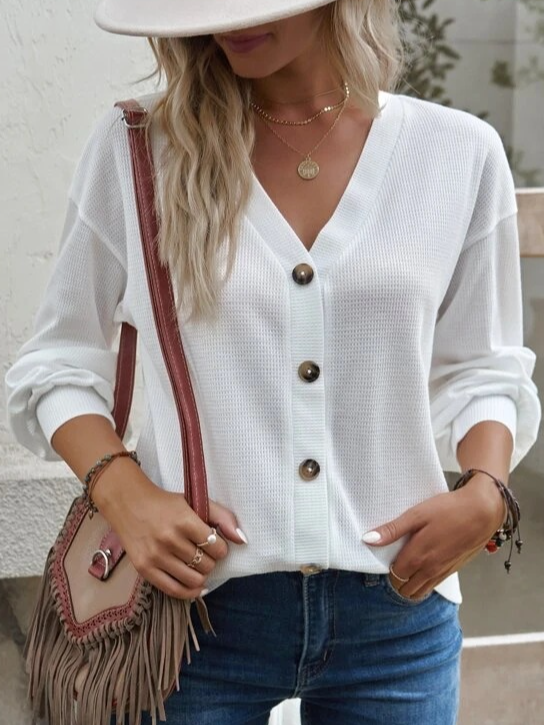 Loose V Neck Long Sleeve Plain Fashion Regular Blouse