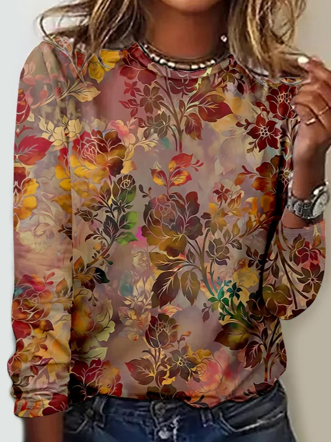 Fashion Crew Neck Long Sleeve Floral Casual Regular T-Shirt
