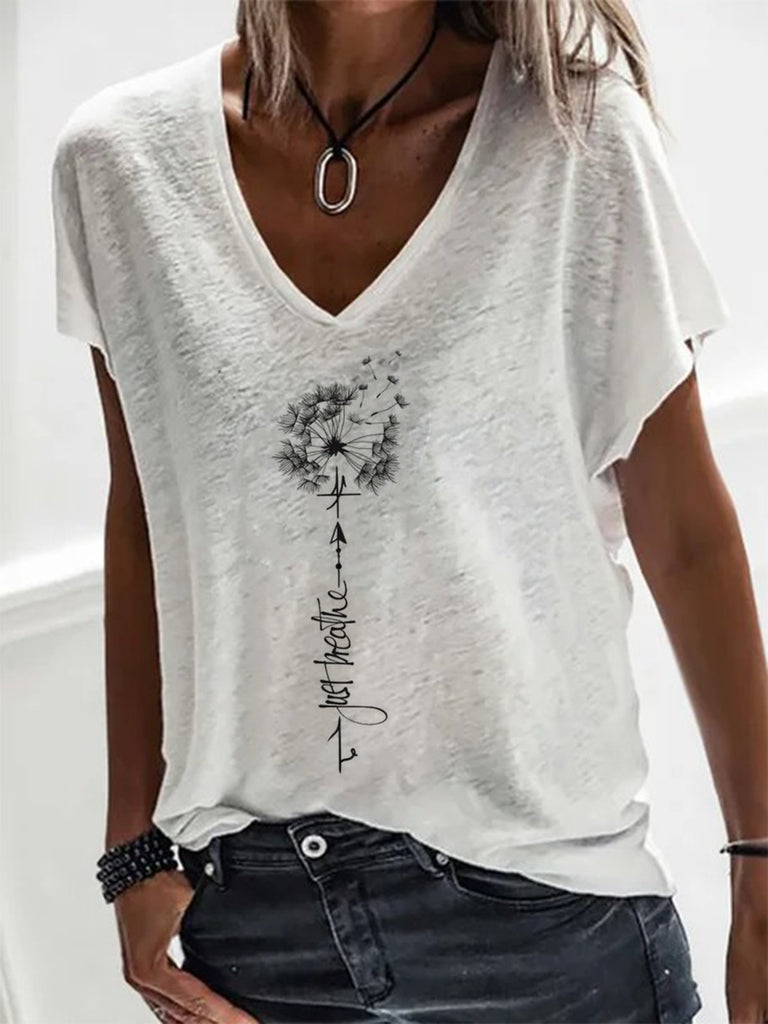 Loose V Neck Short Sleeve Dandelion Fashion Regular T-Shirt