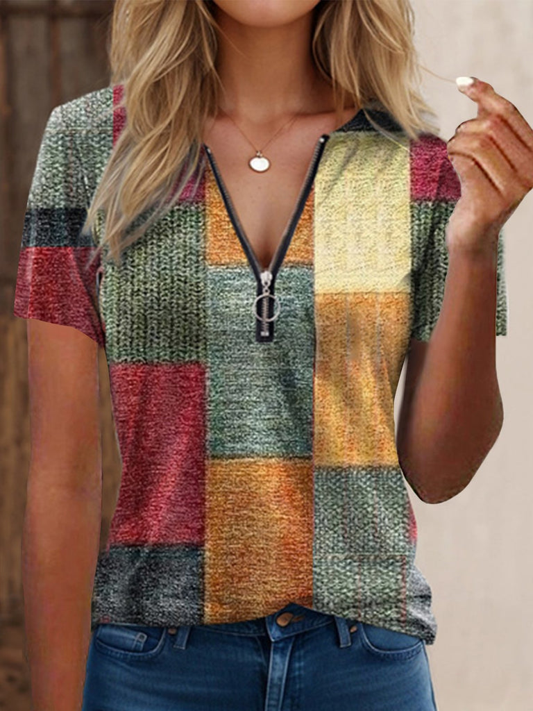 Casual V Neck Short Sleeve Multicolor Block Zipper Fashion Regular T-Shirt