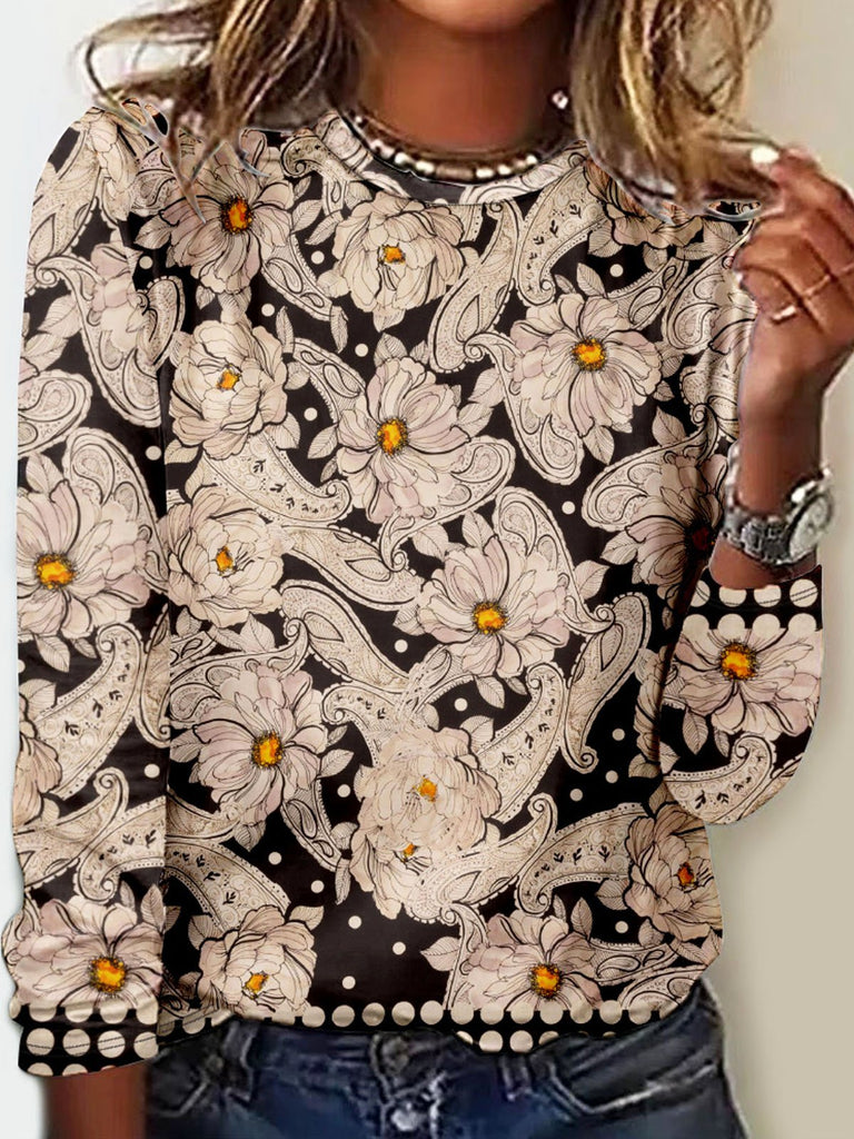 Loose Crew Neck Long Sleeve Floral Vintage Regular T-Shirt