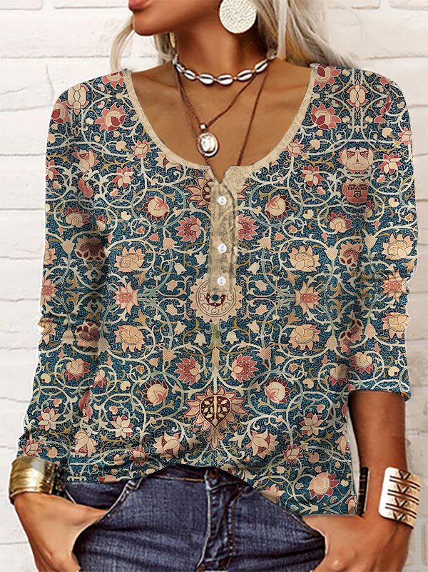 Loose Crew Neck Long Sleeve Ethnic Fashion Regular Blouse