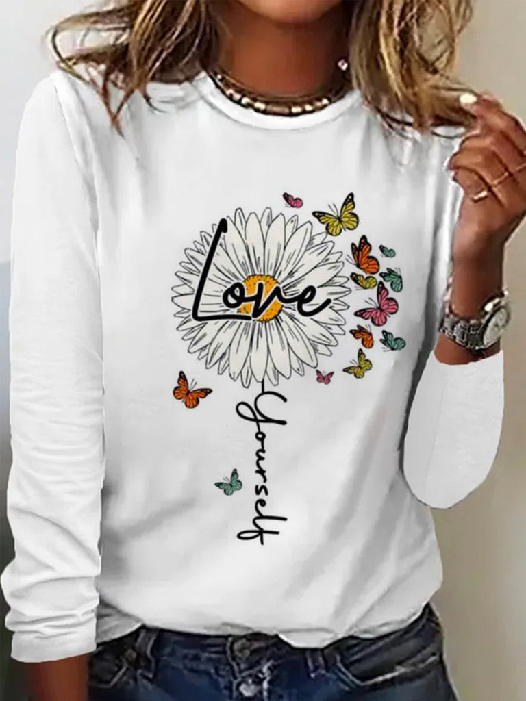 Casual Crew Neck Long Sleeve Floral Fashion Regular T-Shirt