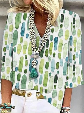 Loose 3/4 Sleeve V Neck Abstract Graphic Elegant Regular Blouse