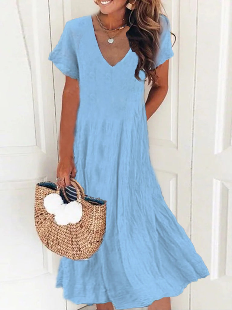 Plus Size Fashion V Neck Short Sleeve Plain Midi Dress