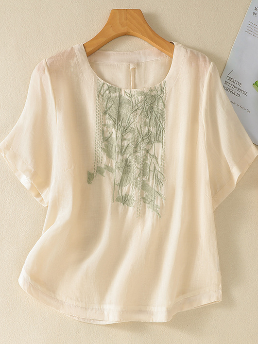 Fashion Short Sleeve Shirt Collar Plain Embroidery Loose Regular Blouse