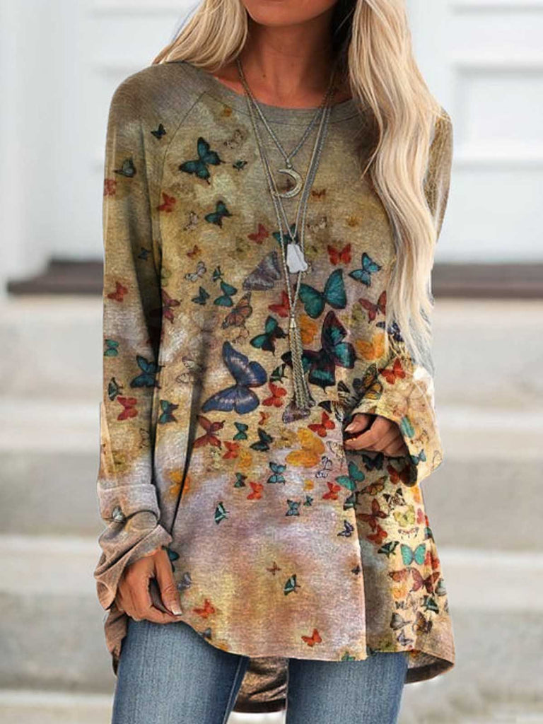 Crew Neck Long Sleeve Patchwork Fashion Mid-Long Blouse